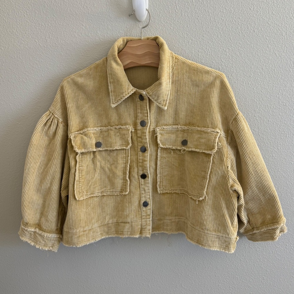 POL Mustard Yellow Corduroy Cropped Jacket Raw Hem Puff Sleeve 8‎ Womens L
